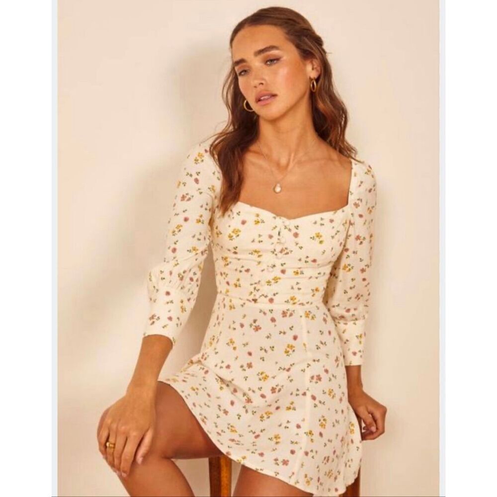 Reformation Lumiere Women’s Size 6 Spring Floral Mini Dress Square Neckline Crea - Picture 2 of 4